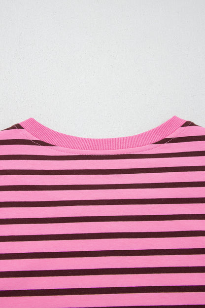 Pink Stripe V Neck Drop Shoulder Long Sleeve Top