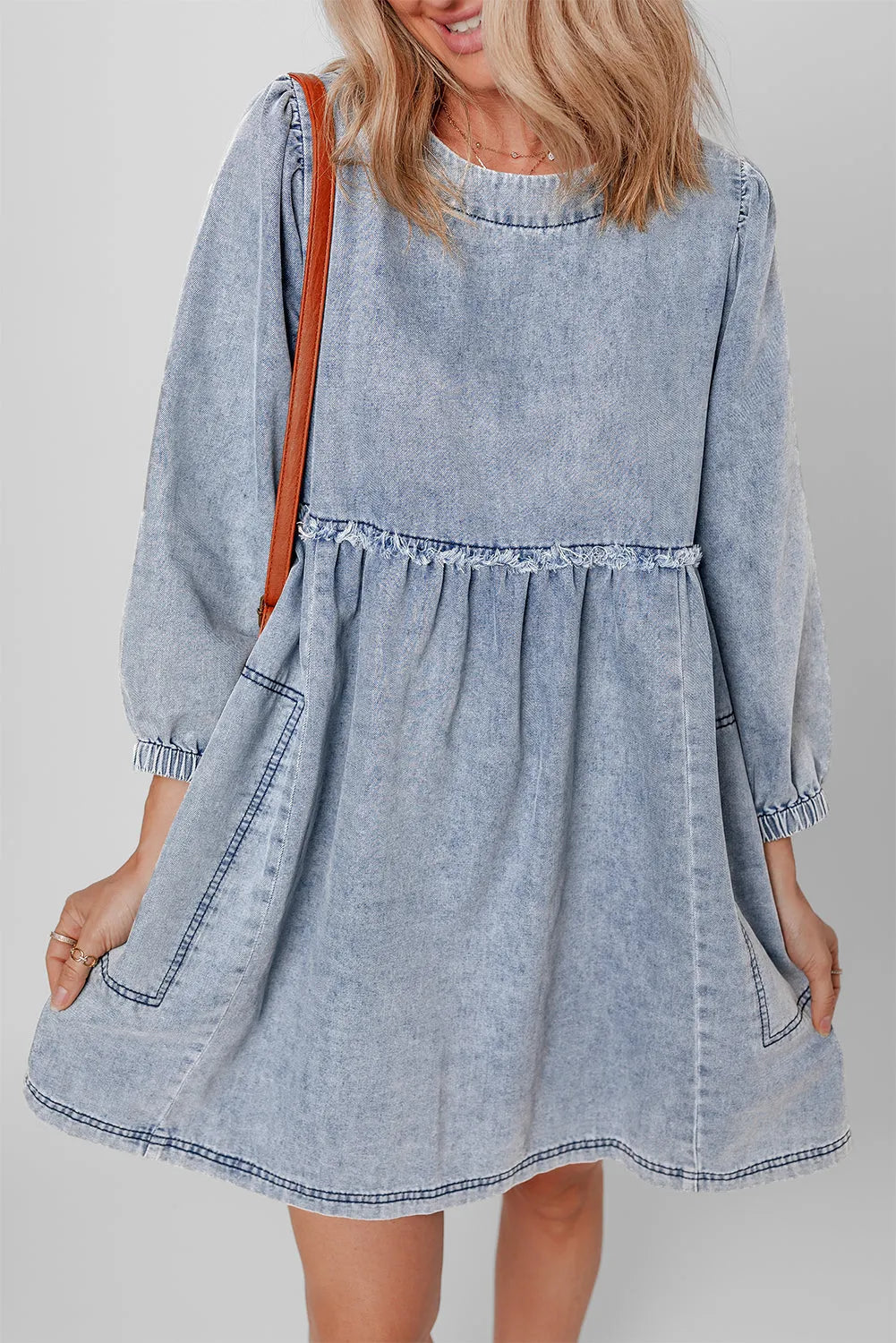 Beau Blue Light Wash High Waist Loose Fit Denim Mini Dress - Chic Meadow Boutique 