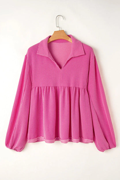 Bright Pink Corded Turn-down V Neck Bubble Sleeve Babydoll Blouse - Chic Meadow Boutique 