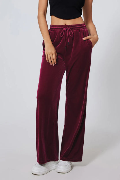 Burgundy Solid Drawstring Waist Wide Leg Pants - Chic Meadow Boutique 