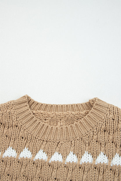 Pale Khaki Contrast Detail Textured Knit Puff Sleeve Baggy Sweater