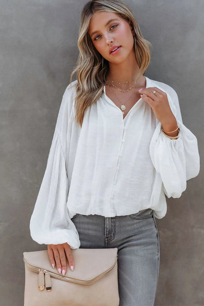 White Solid Color V Neck Balloon Sleeve Shirt - Chic Meadow Boutique 