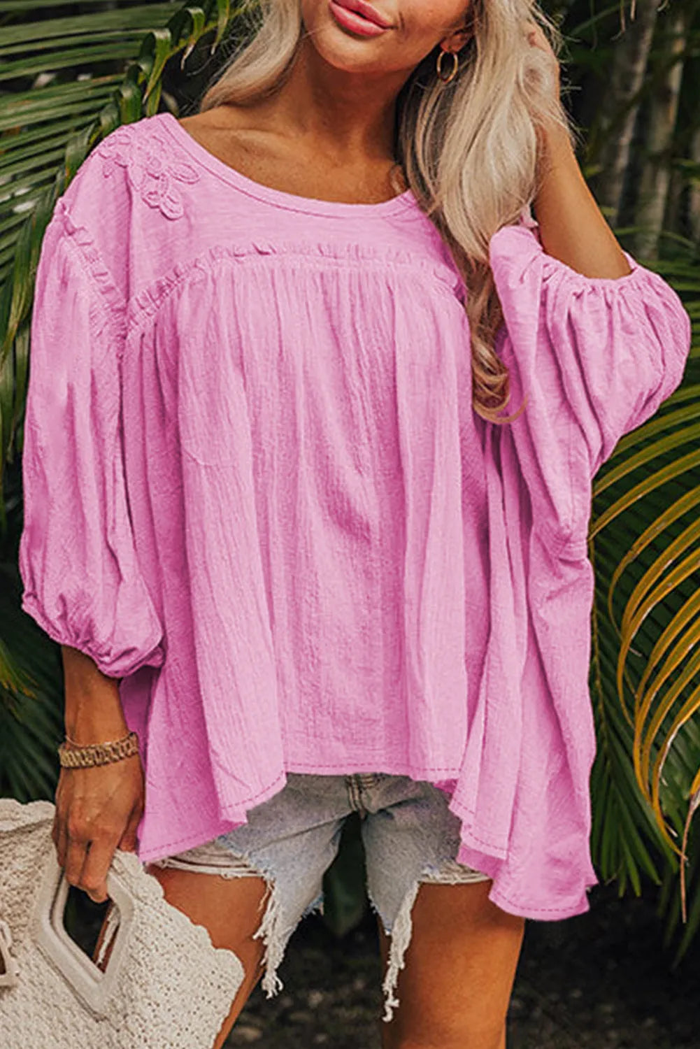 Pink Lace Accent Bracelet Sleeve Babydoll Blouse - Chic Meadow Boutique 