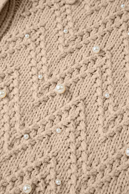 Smoke Gray Pearl Embellished Button Front V Neck Sweater Cardigan