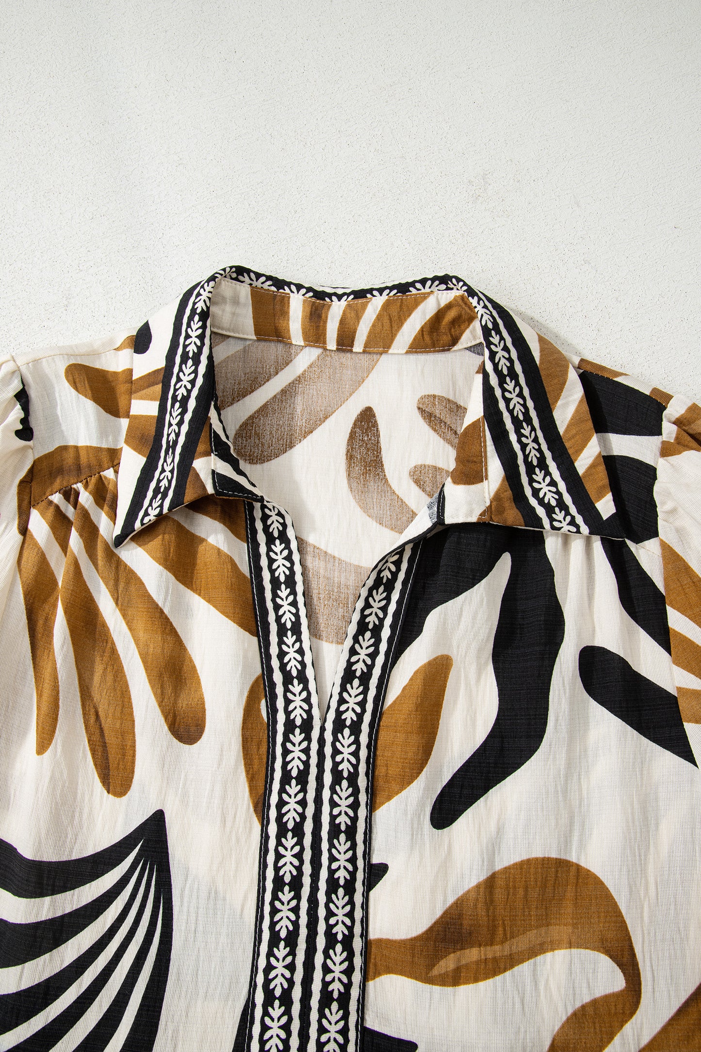 Brown Tropical Printed Contrast Trim Neck Long Sleeve Ruffle Hem Dress