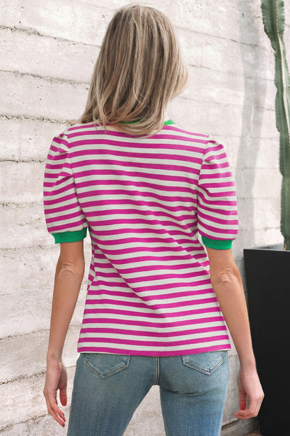 Rose Stripe Short Puff Sleeve Contrast Trim Round Neck Tee