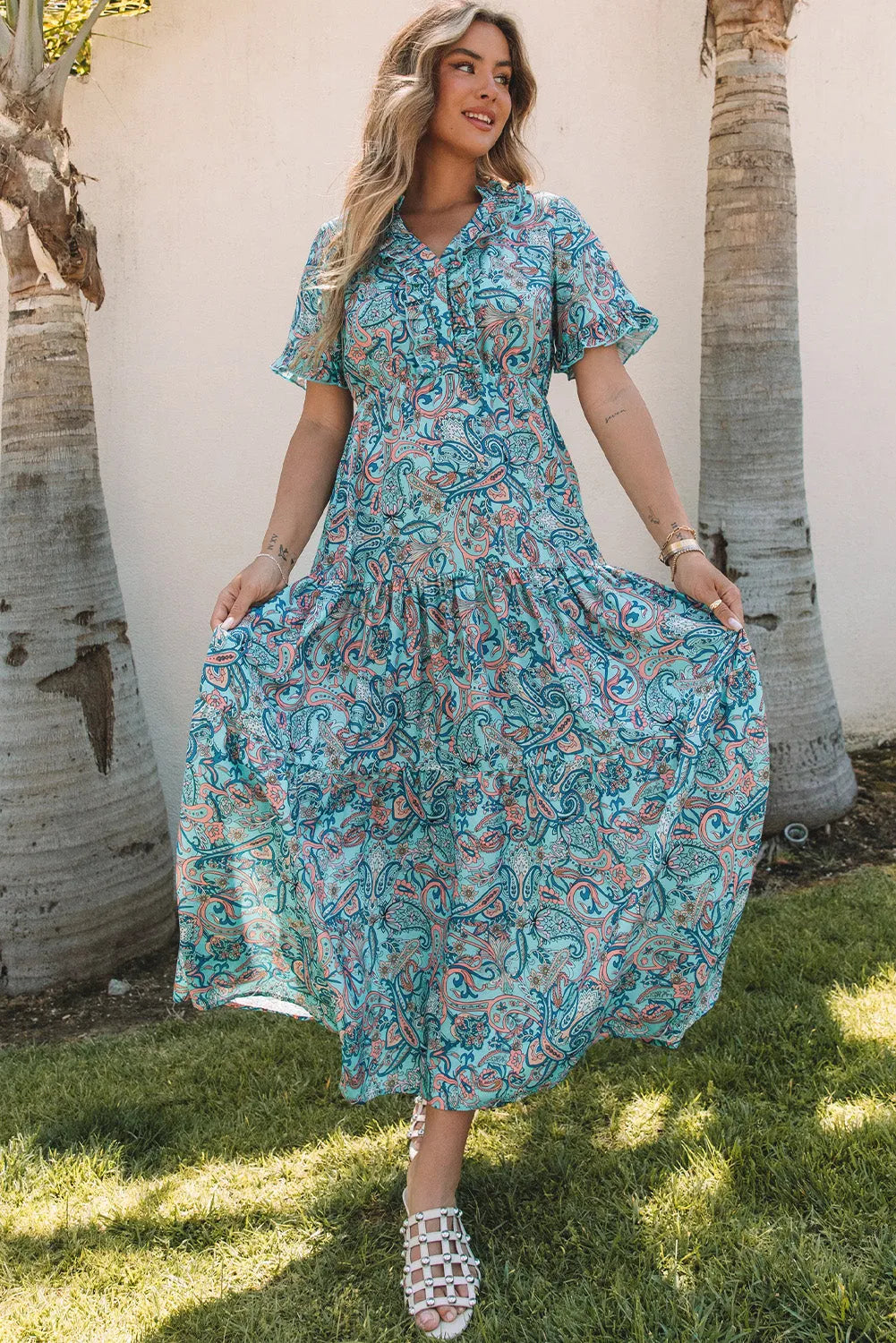 Sky Blue Paisley Print Boho Holiday Ruffle Tiered Maxi Dress - Chic Meadow Boutique 