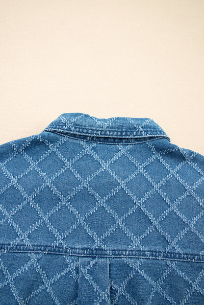 Dusk Blue Checkered Textured Short Sleeve Patched Pocket Denim Shirt