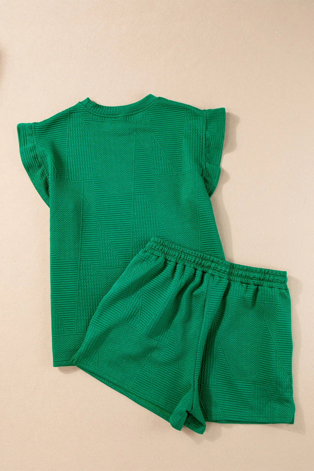 Dark Green Textured Ruffle Split Top and Drawstring Shorts - Chic Meadow Boutique 