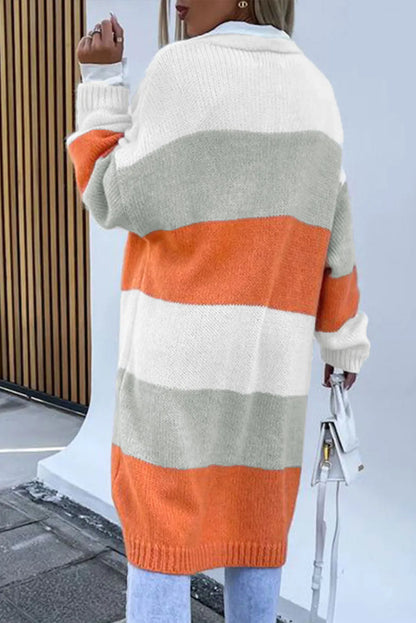 Orange Striped Color Block Drop Shoulder Midi Cardigan - Chic Meadow Boutique 