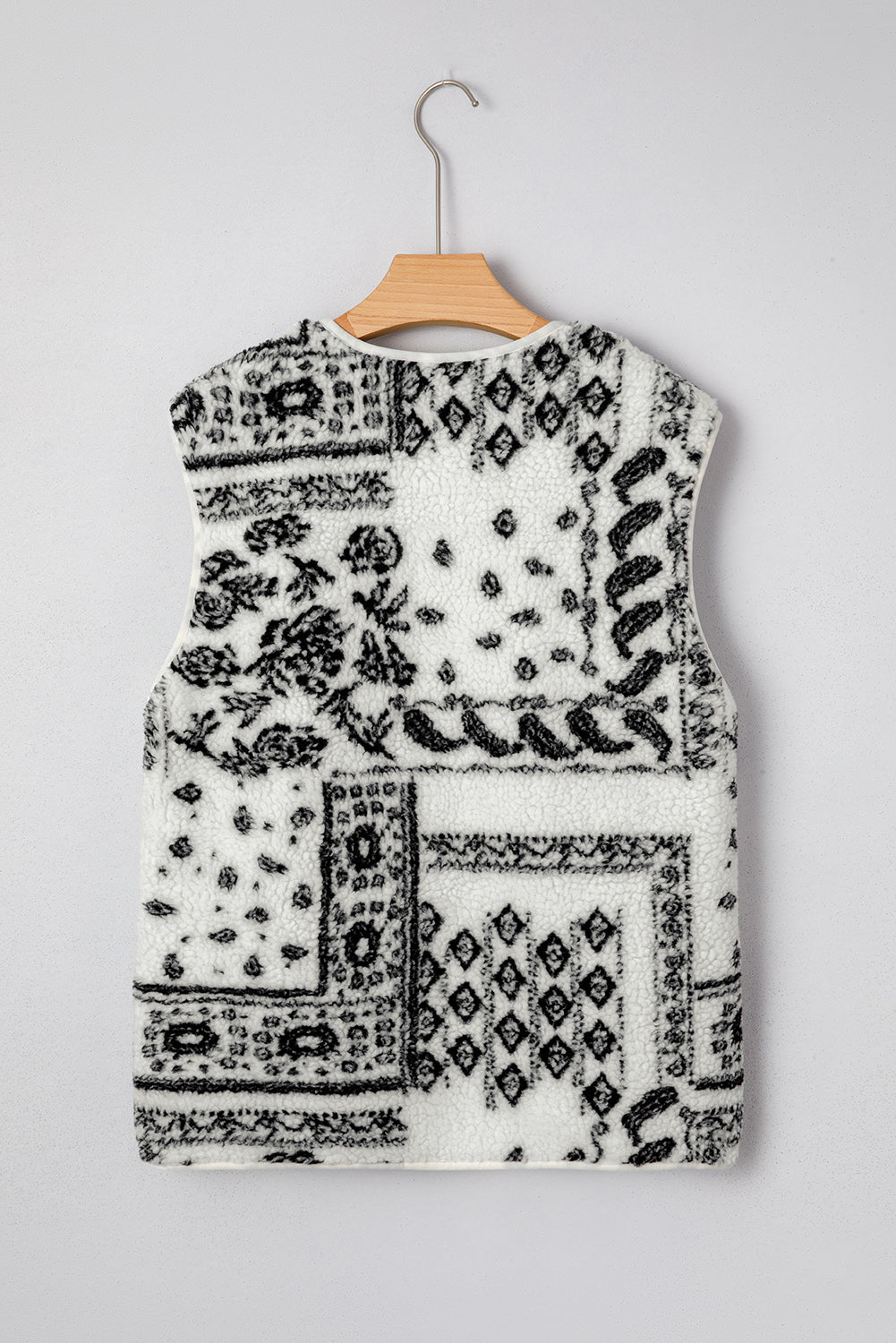Beige Sherpa Paisley Print Pocketed Western Fashion Vest Jacket