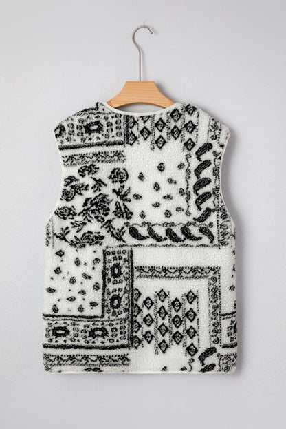 Beige Sherpa Paisley Print Pocketed Western Fashion Vest Jacket