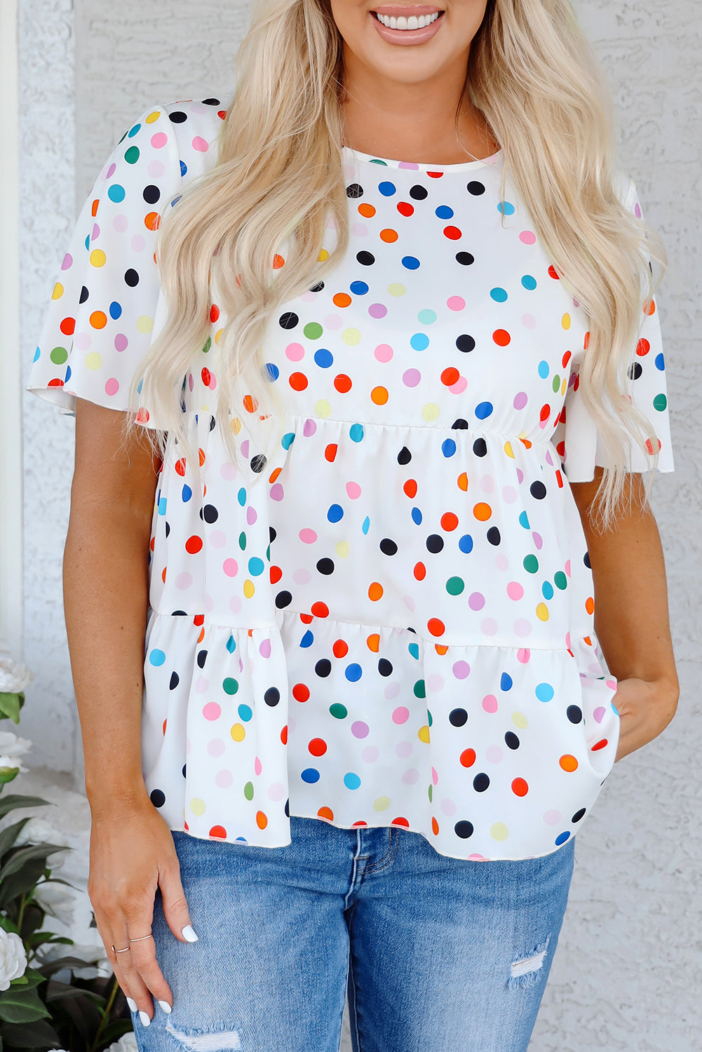 White Colorful Polka Dot Short Sleeve Tiered Ruffled Babydoll Blouse