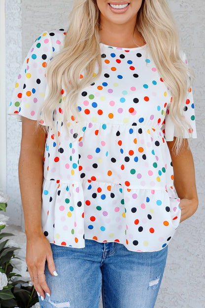 White Colorful Polka Dot Short Sleeve Tiered Ruffled Babydoll Blouse