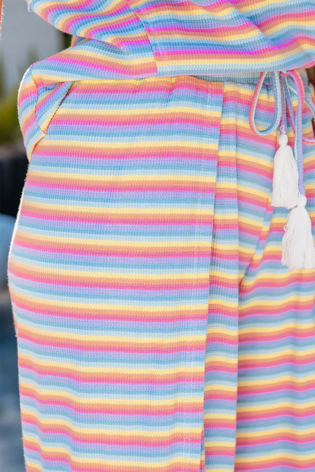 Pink Stripe Rainbow Tee Tasseled String Wide Leg Pants Set - Chic Meadow Boutique 