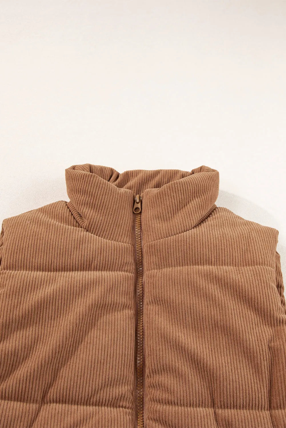 Coffee Corduroy Stand Neck Zipped Puffer Vest - Chic Meadow Boutique 