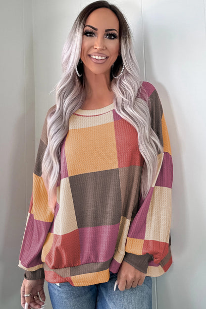 Rose Red Checkered Print Textured Knit Long Sleeve Loose Top