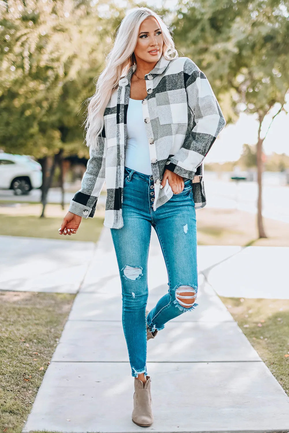 Gray Plaid Color Block Buttoned Long Sleeve Jacket with Pocket - Chic Meadow Boutique 