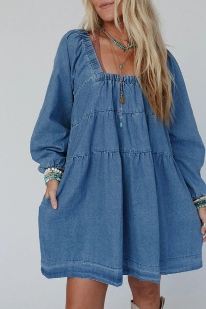 Dusk Blue Square Neck Side Pockets Loose Fit Denim Mini Dress - Chic Meadow Boutique 