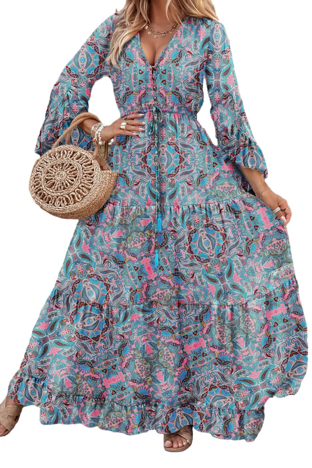 Paisley Printed Ruffle Trim Elegant Maxi Dress - Chic Meadow Boutique 