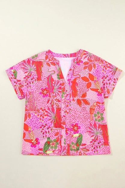 Rose Jungle Floral Print Notch V Neck Blouse - Chic Meadow Boutique 