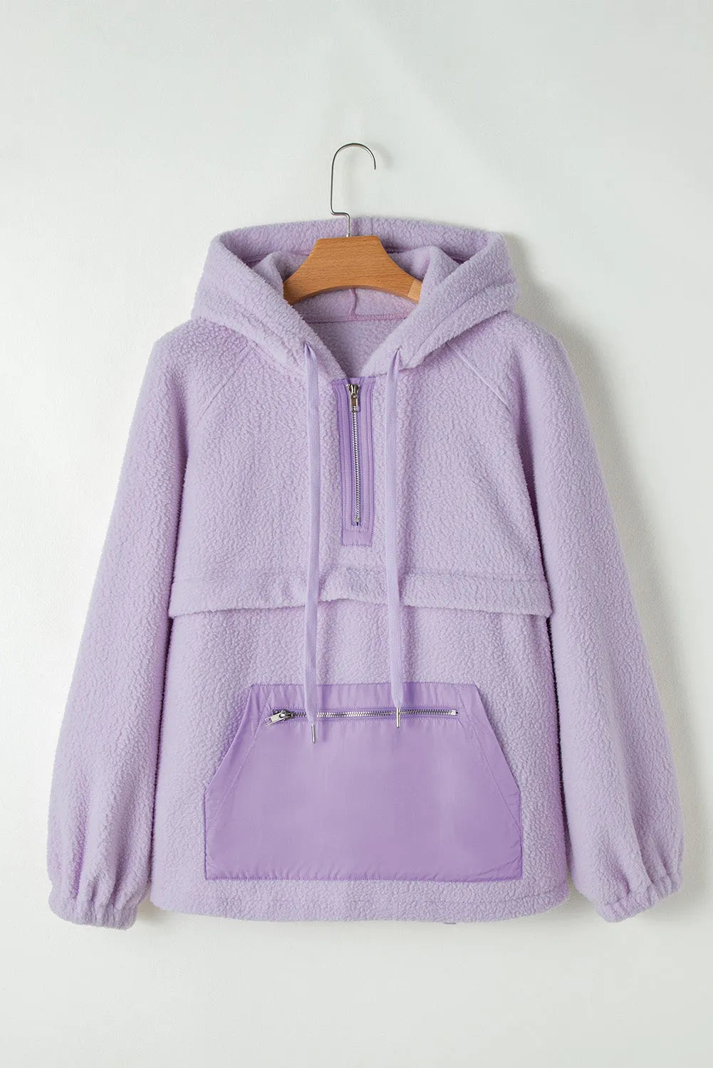 Lavendula Zipped Patch Pocket Fuzzy Drawstring Hoodie - Chic Meadow Boutique 