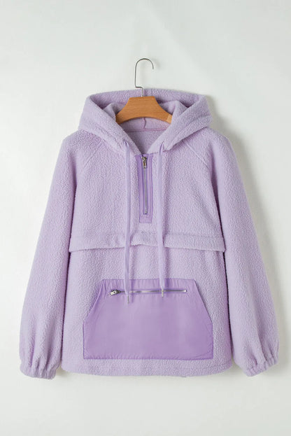 Lavendula Zipped Patch Pocket Fuzzy Drawstring Hoodie - Chic Meadow Boutique 