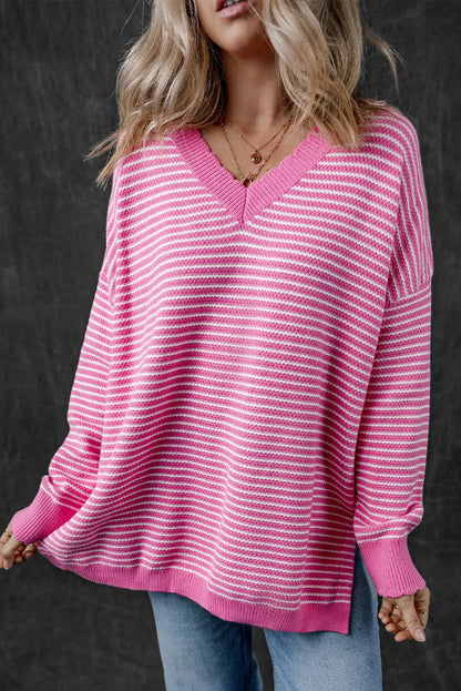 Pink Striped Scallop V Neck Loose Sweater with Slits - Chic Meadow Boutique 