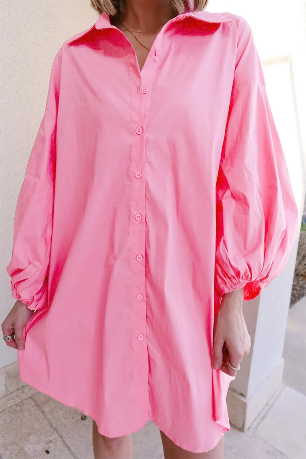 Bright Pink Balloon Sleeve Button Up Mini Shirt Dress - Chic Meadow Boutique 