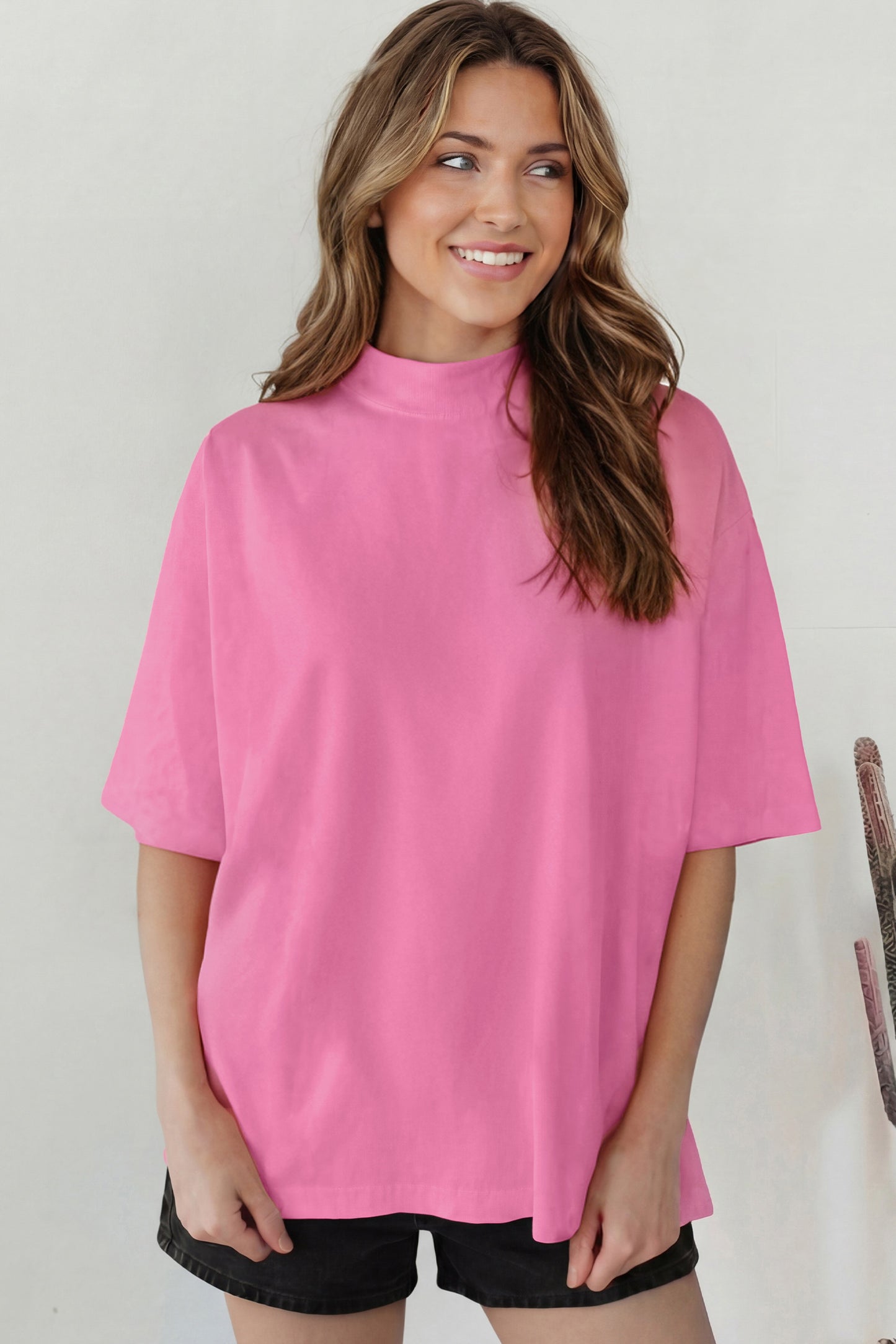 Sachet Pink Solid Color High Neck Oversize Tee
