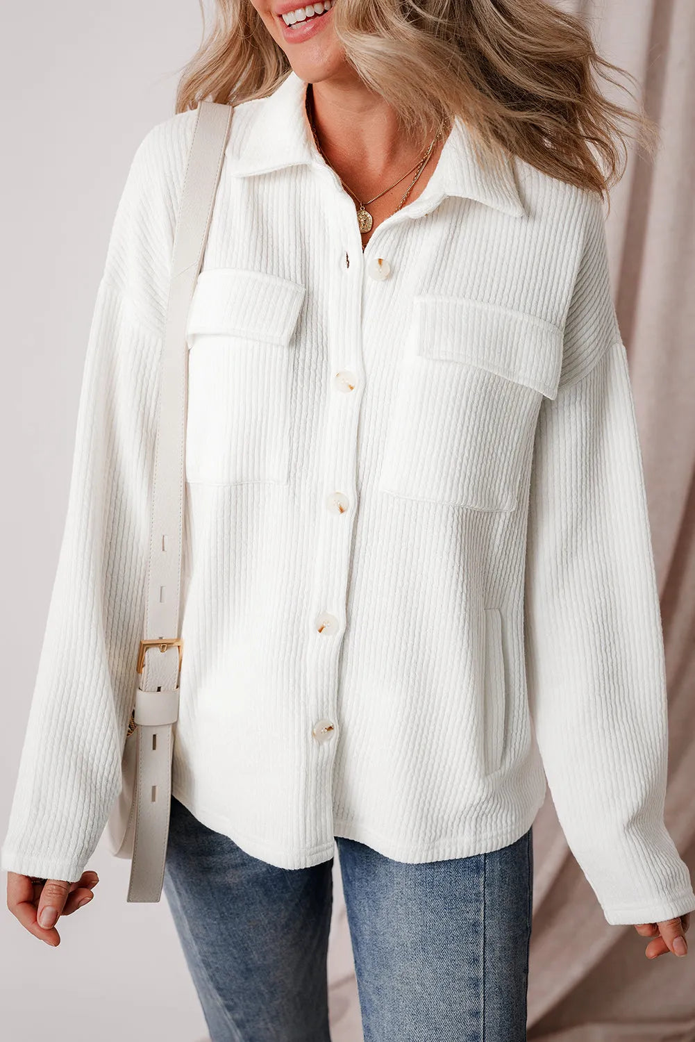 White Solid Color Corduroy Buttoned Long Sleeve Jacket - Chic Meadow Boutique 