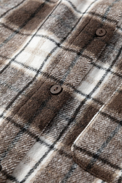 Dark Brown Flanel Plaid Single Chest Pocket Boyfriend Shacket