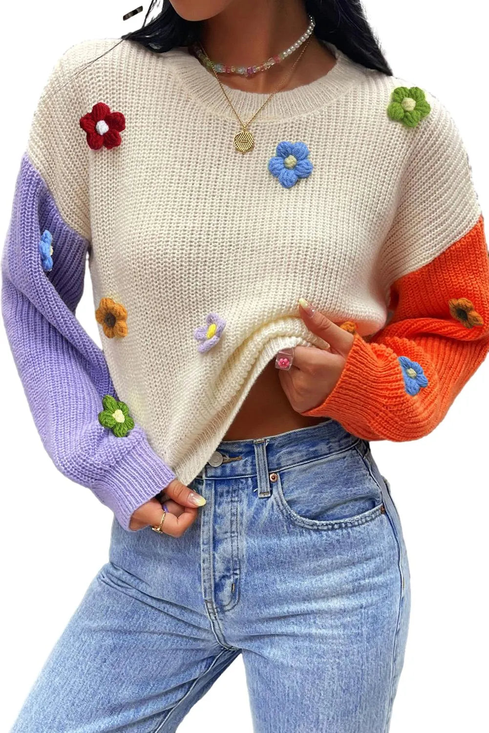 Multicolour Flower Applique Colorblock Drop Shoulder Sweater - Chic Meadow Boutique 