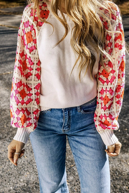 Rose Crochet Puff Sleeve Contrast Knit Sweater - Chic Meadow Boutique 