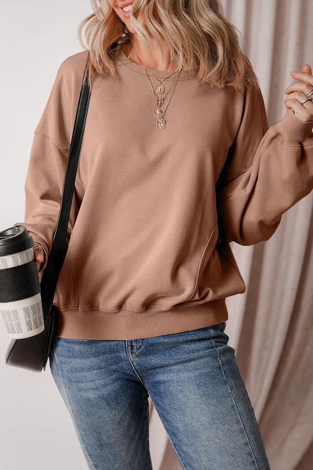 Chestnut Exposed Seam Batwing Sleeve Drop Shoulder Sweatshirt - Chic Meadow Boutique 