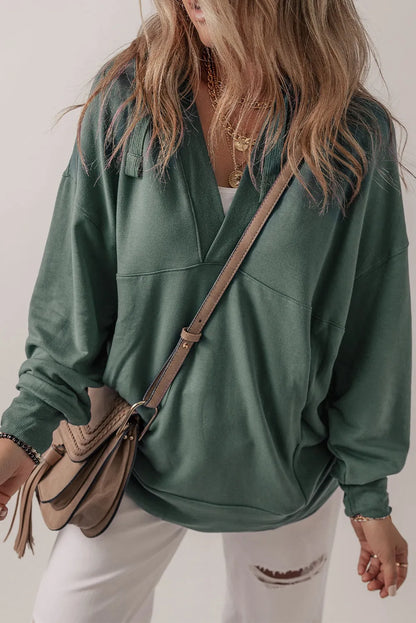 Sea Green Casual V Neck Drawstring Hoodie - Chic Meadow Boutique 