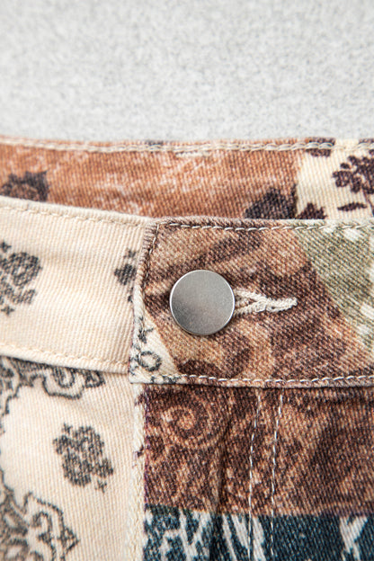 Khaki Patchwork Print Casual Shift Jeans