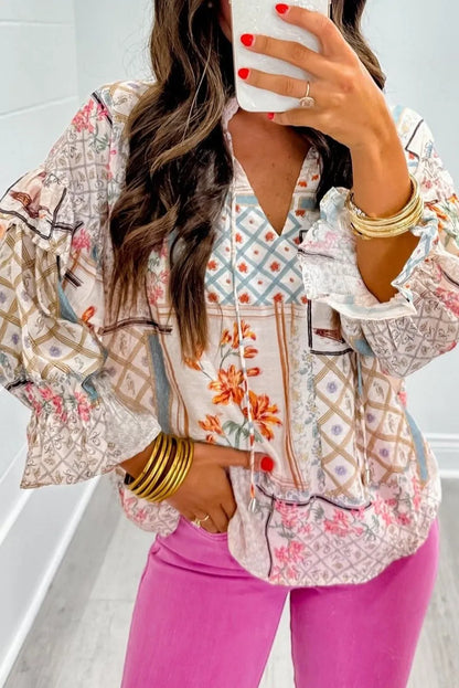 Multicolour Boho Floral Patched Ruffled Sleeve Tied Neck Blouse - Chic Meadow Boutique 