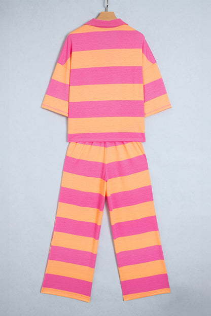 Orange Stripe Colorblock Half Sleeve Top Casual Loose Pants 2pcs Set