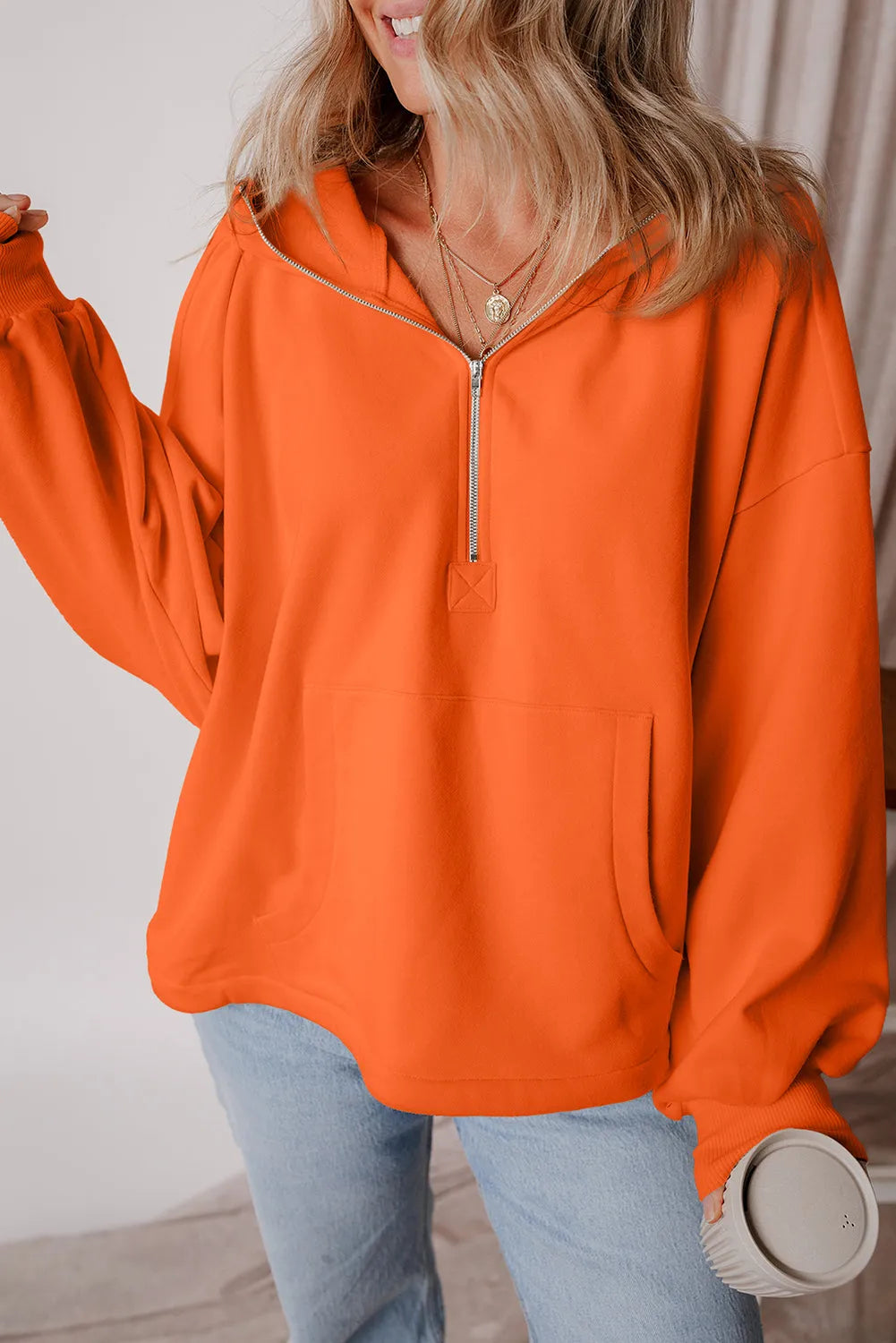 Orange Fleece Lined Half Zipper Kangaroo Pockets Loose Hoodie - Chic Meadow Boutique 