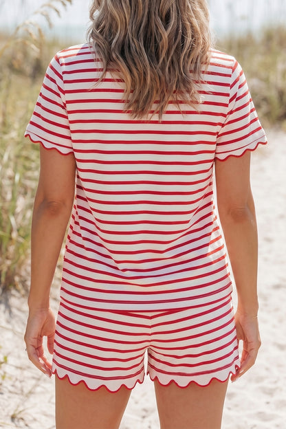Red Stripe Scallop Trim Casual Top 2pcs Short Set