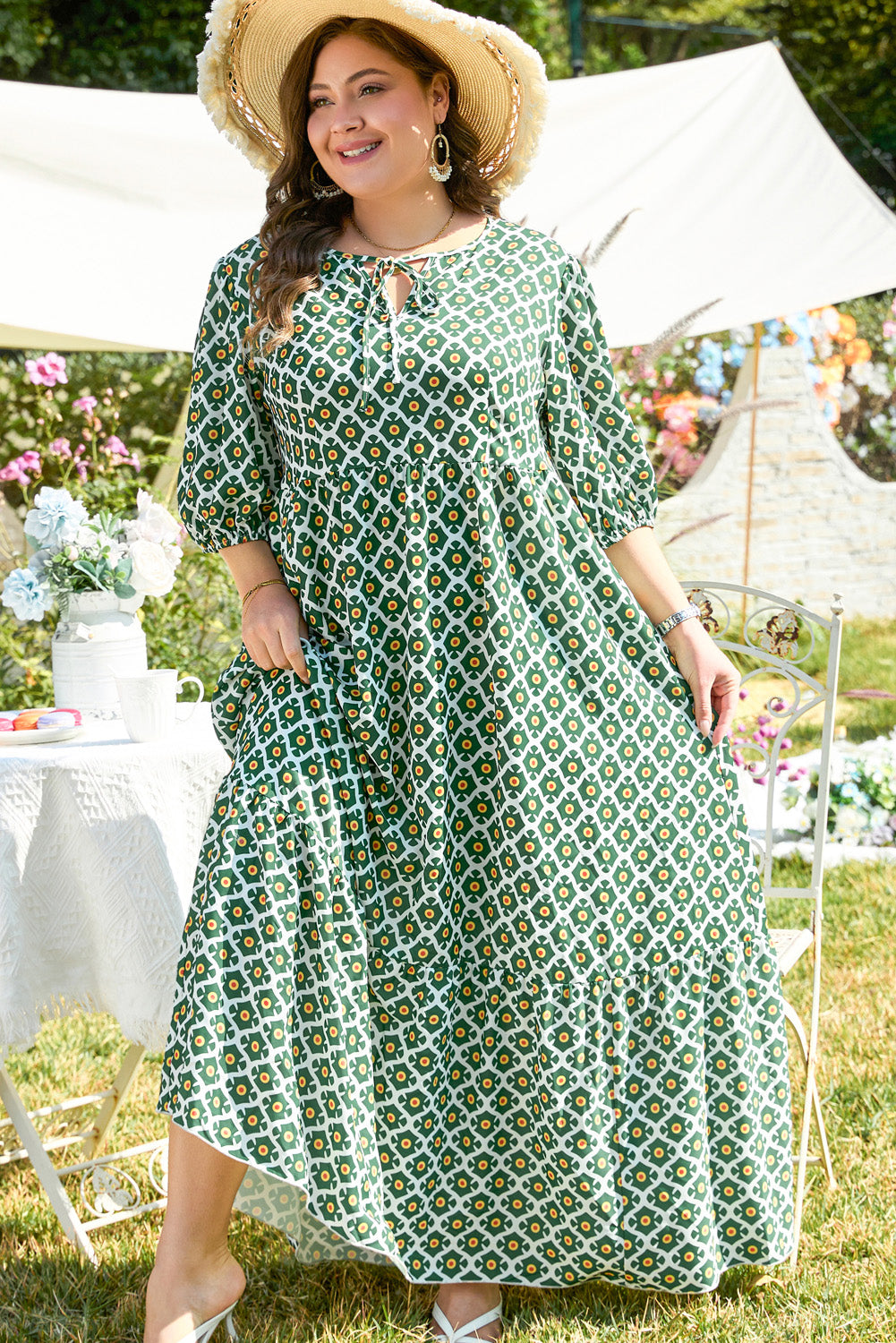 Green Geometric Floral Print Half Sleeve Plus Size Maxi Dress