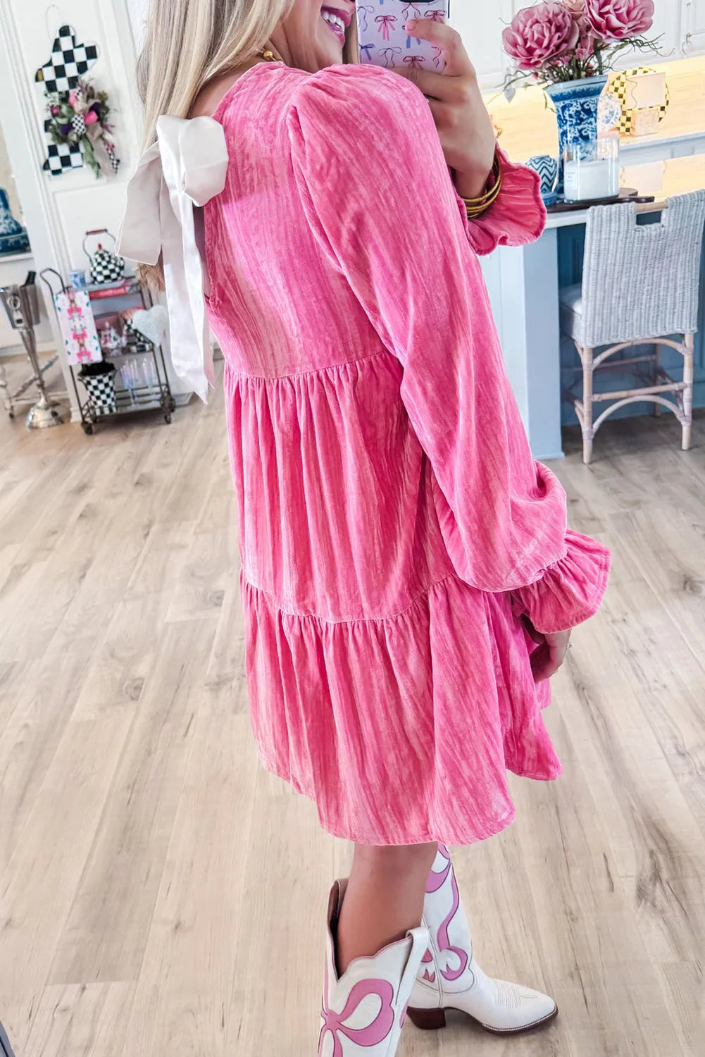 Strawberry Pink Flounce Sleeve Tiered Ruffled Velvet Mini Dress - Chic Meadow Boutique 