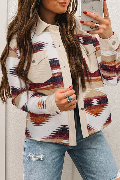 Multicolour Western Aztec Striped Patchwork Double Flap Pocket Raw Hem Shacket