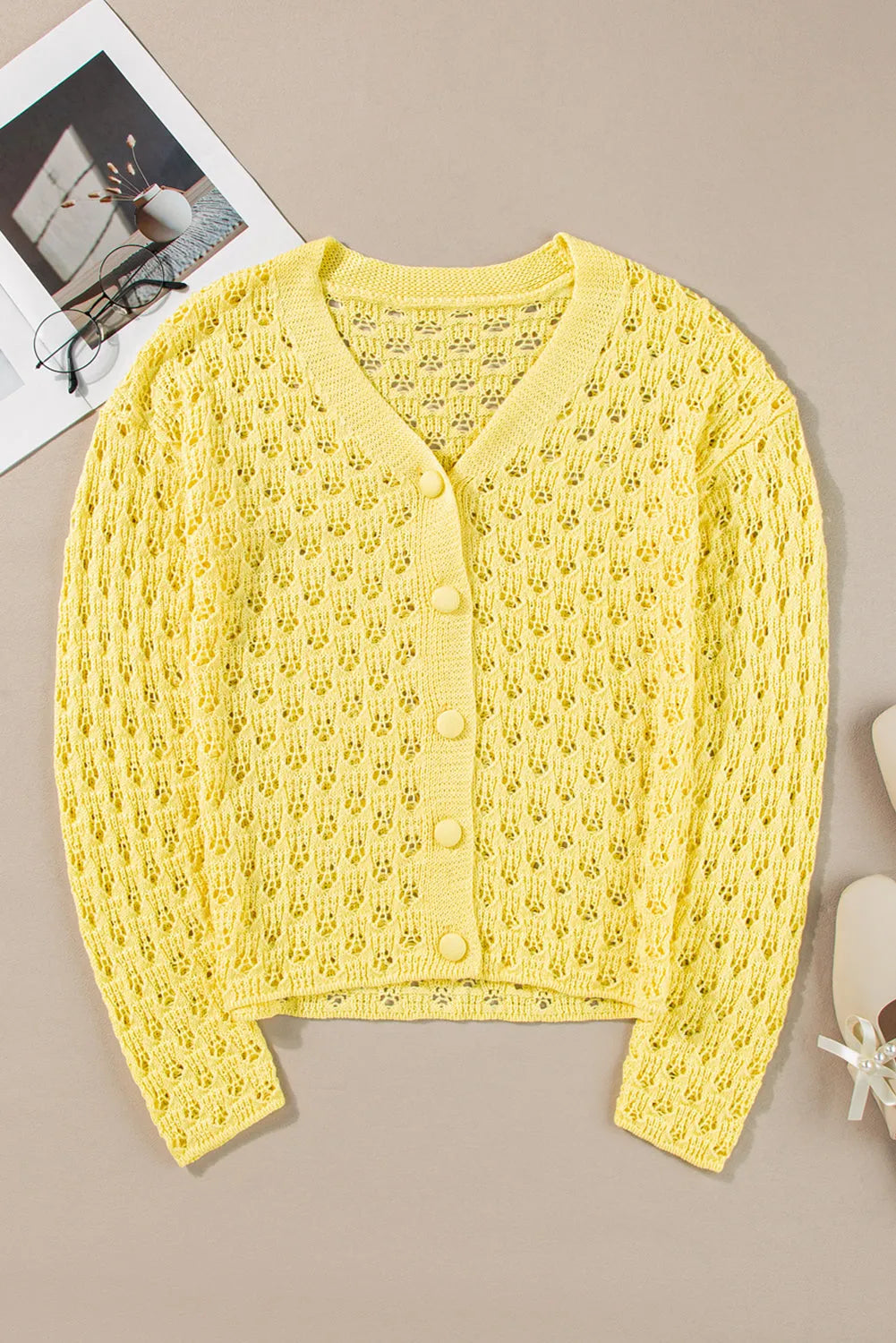 Yellow Pointelle Knit V Neck Sweater Cardigan - Chic Meadow Boutique 