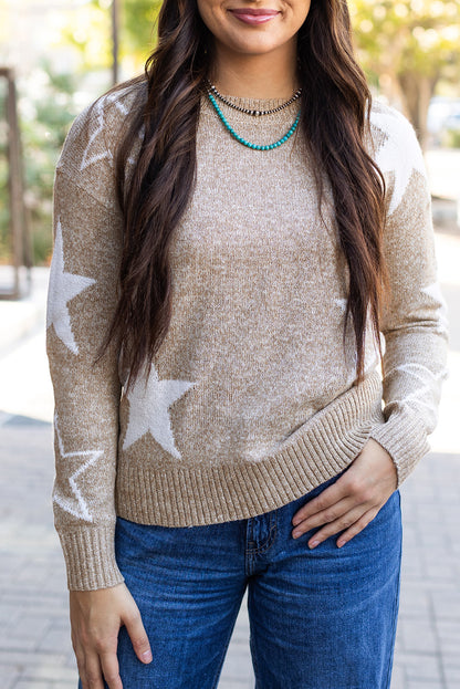 Khaki Star Pattern Drop Shoulder Sweater