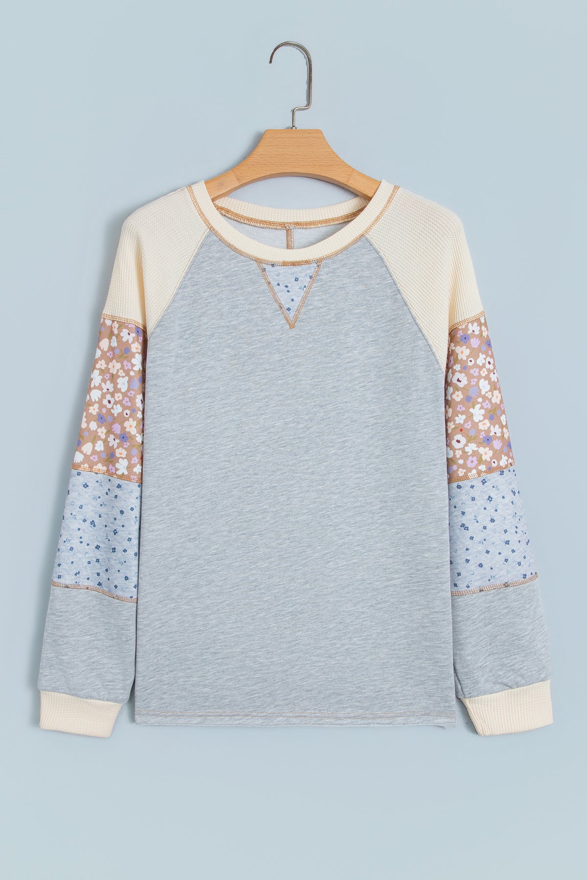 Light Grey Color Block Floral Waffle Mixed Patchwork Long Sleeve Top