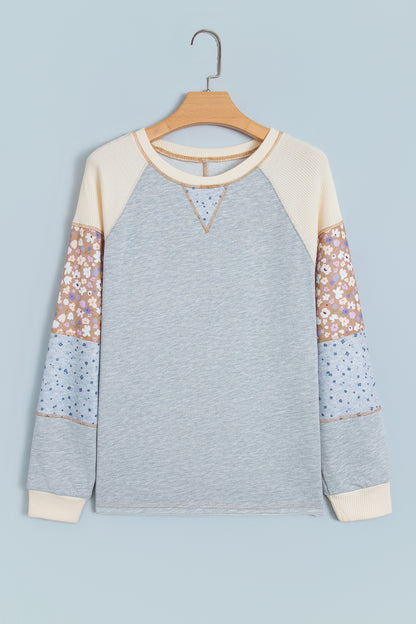 Light Grey Color Block Floral Waffle Mixed Patchwork Long Sleeve Top