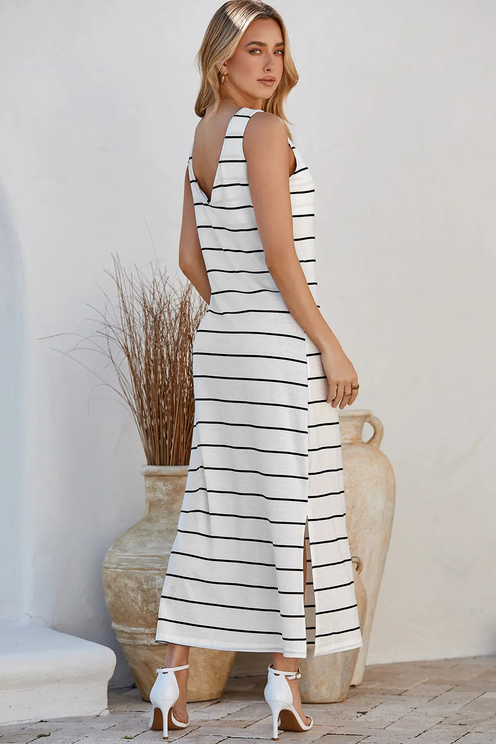 White Stripe Print Open Back Sleeveless Maxi Dress with Slits - Chic Meadow Boutique 