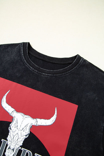 Black Western HOWDY Steer Head Print Side Slits Loose Fit T Shirt